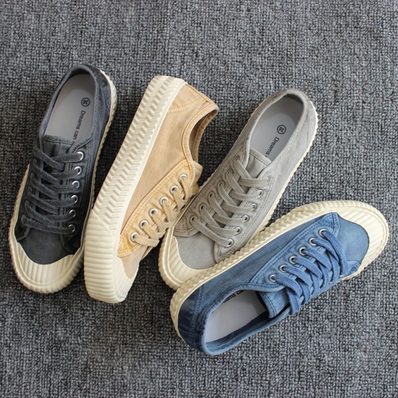 Washed Vintage Cookie Shoes Lace-up Old Soft Comfortable Vulcanized Shoes Solid Color Canvas Low-top Canvas Shoes Women's Shoes