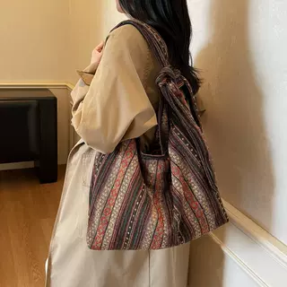 慵懒风复古条纹韩系ins通勤百搭托特包女轻便大容量斜挎包
