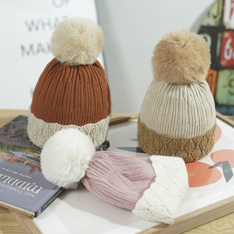 Winter Women's With Fleece Lining, Thickened And Warm Knitted Hat, Foreign Trade Cross-Border Pom-Pom Color-Block_voghion.com