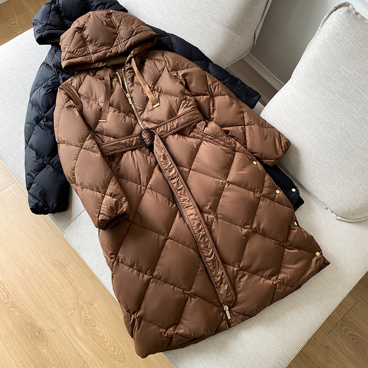 Women's Clothing Down jacket mid length hooded diamond belt high 90 white duck down loose Down Coat_voghion.com
