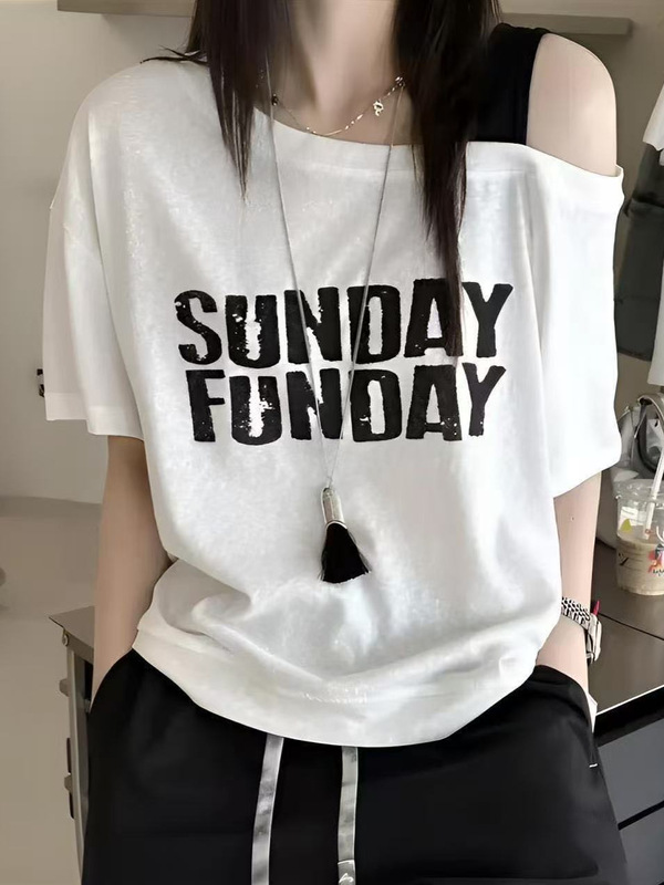 2025夏 オフショルダーサスペンダー コントラストレターカジュアルプリント半袖Tシャツ おしゃれ ゆったり 着痩せ 万能韓国版|undefined