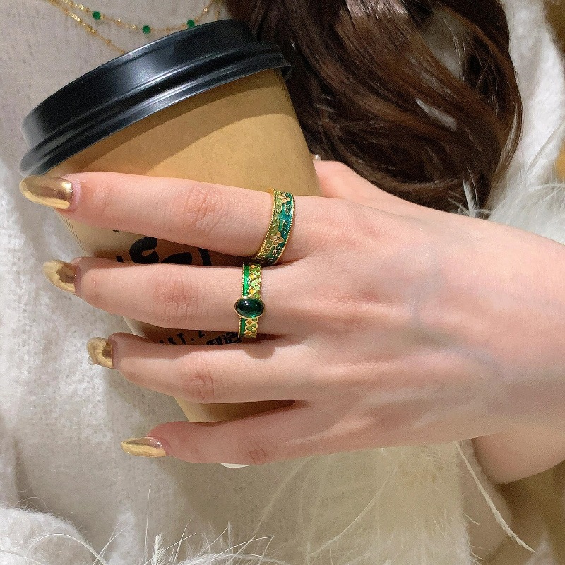 French Vintage Enamel Carved Open Ring For Women Palace Style_voghion.com