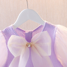 韩版洋气小童夏季纯色韩版连衣裙短袖蝴蝶结网纱女童装一件代发