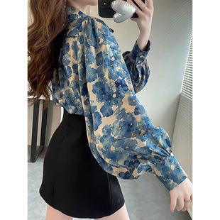 Summer and Autumn New Fashion Design Niche Floral Tops, Elegant Chiffon Shirts, Slimming Lantern Sleeves, Age-Reducing Shirts