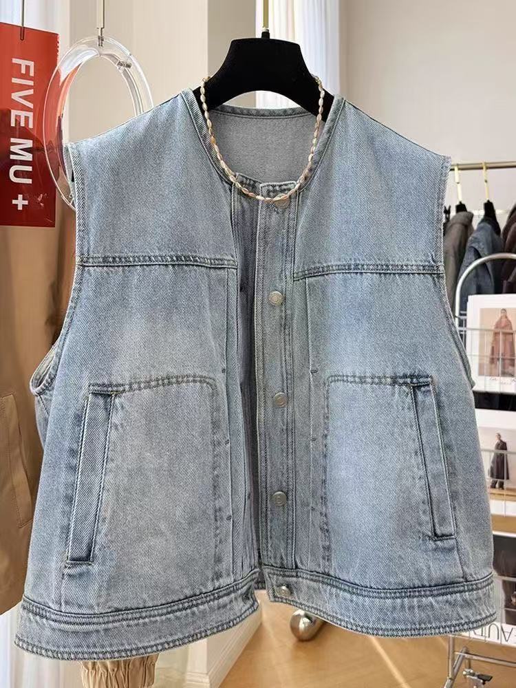 Fashionable and Stylish Outer Denim Vest for Women, Spring and Summer Short Vest Jacket, Loose Sleeveless Waistcoat, Layered Thin Top