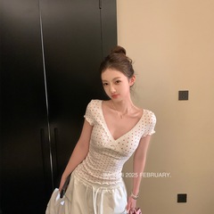 人綿260グラムvネック半袖tシャツ女性夏韓系修身がやせている底のシャツの白いショートギャルの上着