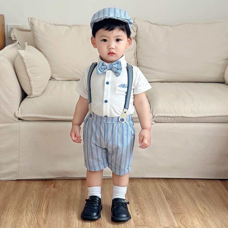 Cross-border European and American Short-sleeved Shorts with Hat Three-piece Children's Clothing Baby Summer Dress Boy's suit