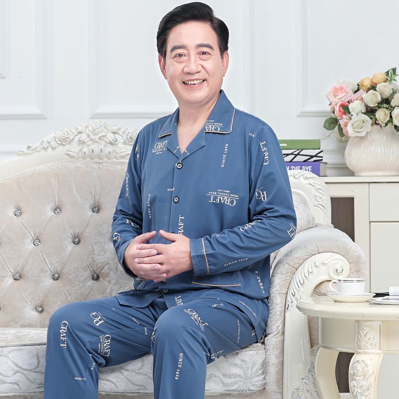 Pijamas de mediana edad y ancianos hombres 100% algodón primavera y otoño manga larga otoño e invierno más tamaño viejo papá traje de uso doméstico