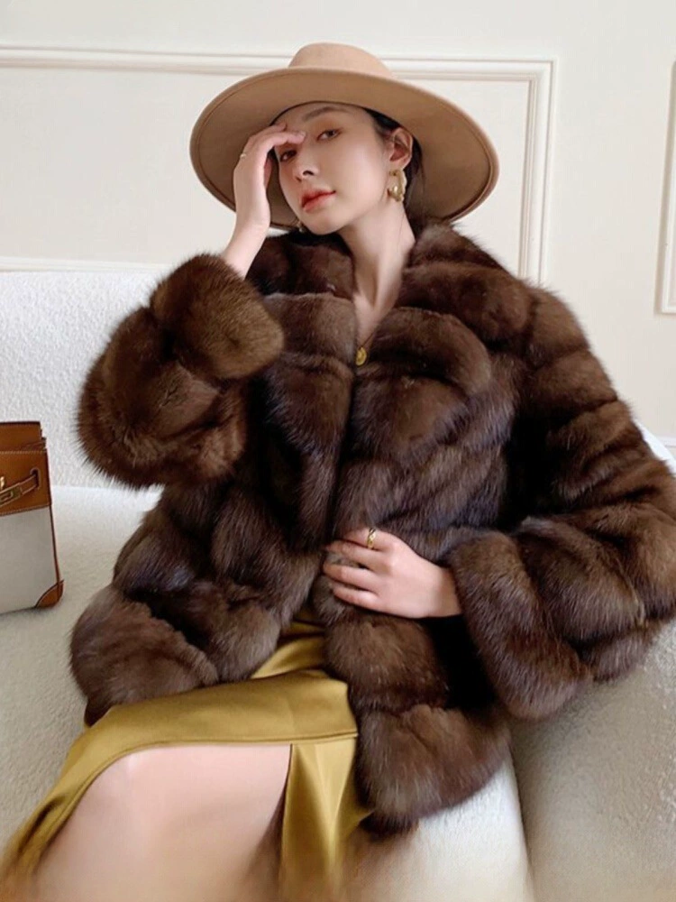 Пальто в sable-стиле, европейская легкая роскошь, chestnut eco‑fur, тёплое, размерыS–L