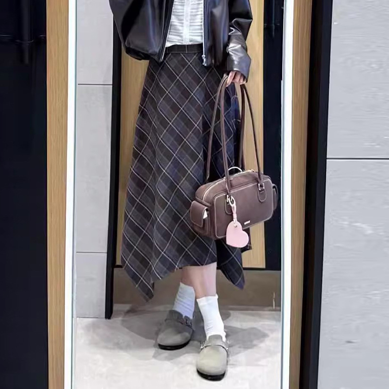 2025秋季新款复古摩登格纹不规则长款半身裙女5G9141551|undefined