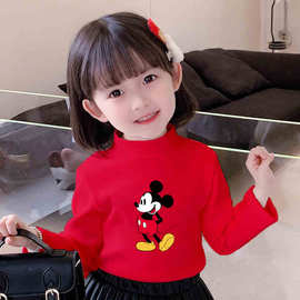 Y2013#女童卡通印花米奇休闲德绒T恤女长袖春季新款百搭打底衫潮