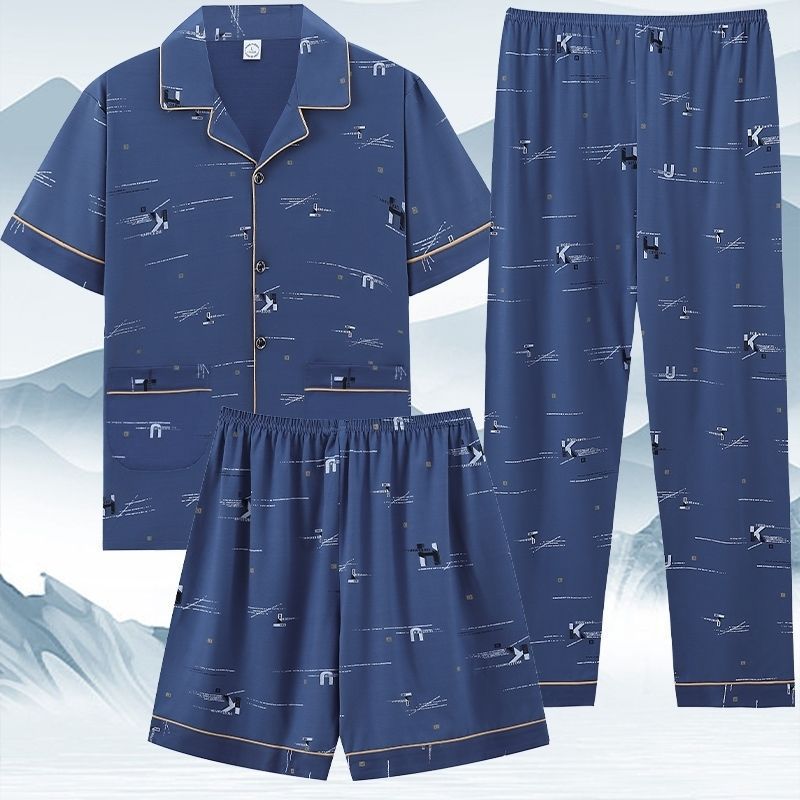 Pajamas de algodón para hombres de verano de mangas cortas pantalones largos de tres piezas para aumentar el peso para hombres de tamaño delgado conjunto de ropa de verano