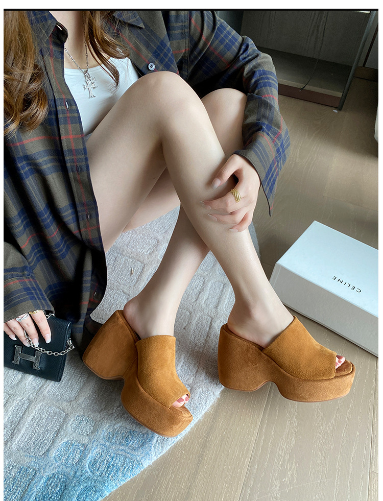Dép sandal nữ đế xuồng da lộn gót siêu cao 11cm quai ngang hở mũi — Màu nâu, Màu đen chi tiết 29