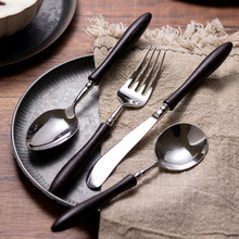 复古黑色木柄不锈钢牛排刀叉汤勺餐勺餐具日式高端厨房套装批发