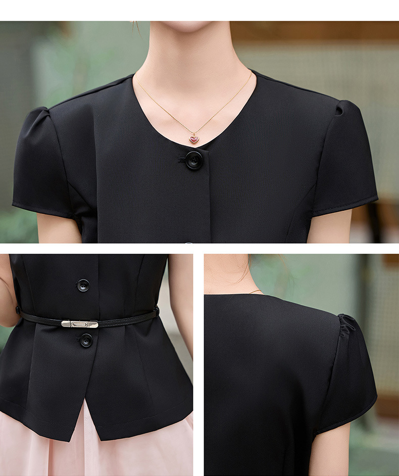 Bộ váy hai mảnh nữ cổ V thắt dây eo, áo sơ mi phối chân váy midi — màu đen chi tiết 18