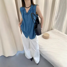 可补P8827韩系木耳边领无袖衬衫 长62-不退换