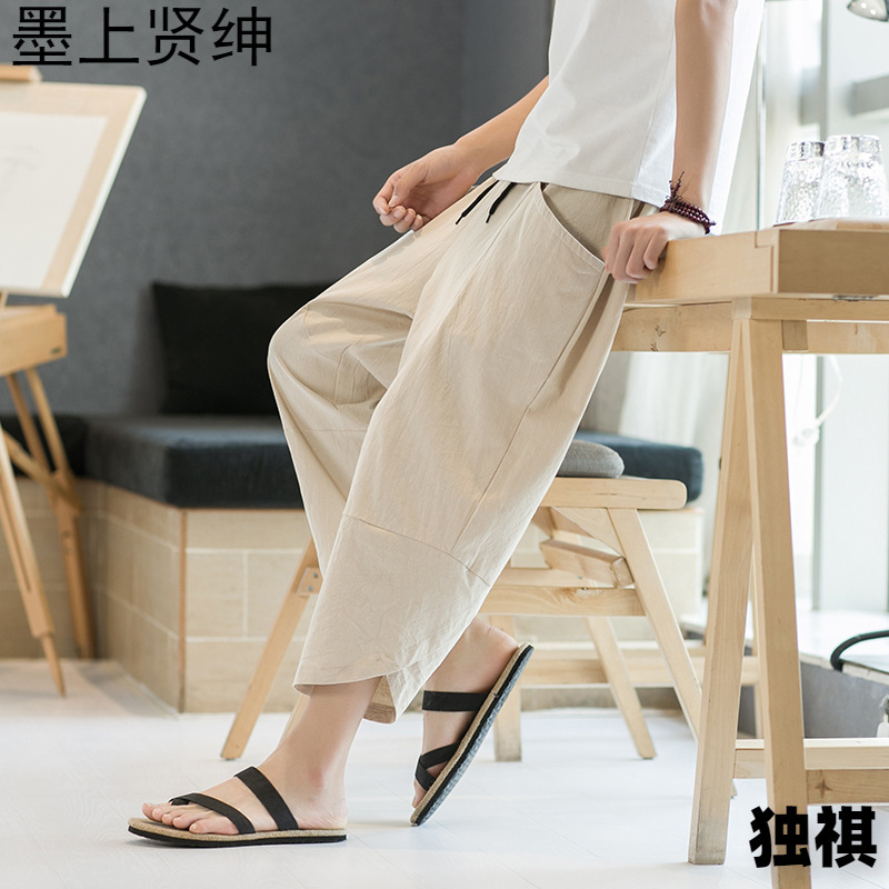 Pantalones recortados de algodón y lino de estilo chino de verano, pantalones anchos retro, pantalones cortos de lino de estilo chino casual de gran tamaño, hombres