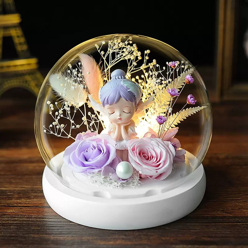 Flores de la vida eterna Rose Anne Angel Glass Cover Caja de regalo para la temporada de graduación de San Valentín para amigos de la escuela adornamiento de flores de la vida eterna