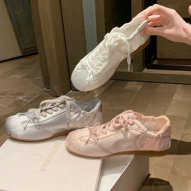 Sheepskin Version~In Stock Ballet-Style Sweet Girl Round-Toe Satin Sneakers with Bowknot Casual Large Size German Training Shoes for Women