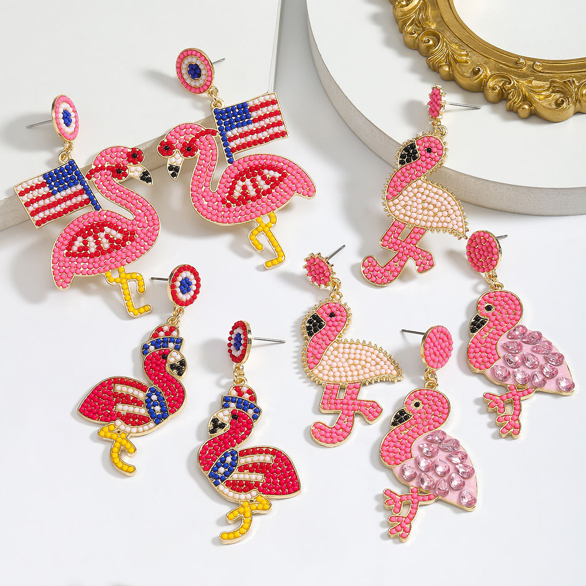 1 Pair IG Style Cute Modern Style Flamingo American Flag Inlay Alloy Seed Bead Rhinestones Drop Earrings display picture 10