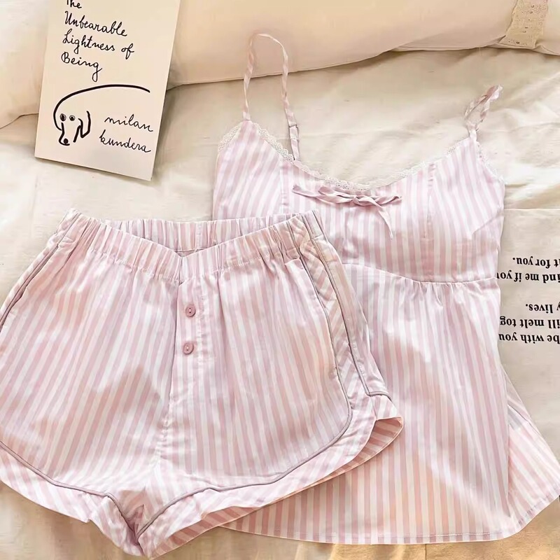 ピンクの甘い女の子ストライプリボンパジャマセット女性の夏胸パッドサスペンダートップショーツホーム服|undefined
