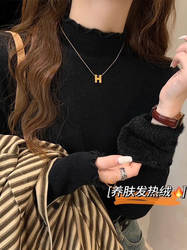 加绒加厚内搭保暖毛衣上衣2025秋冬季新款高领木耳边针织打底衫女|undefined