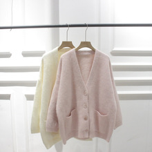 韩国订单秋冬新款V领单排扣软糯慵懒风兔毛加厚针织毛衣开衫外套