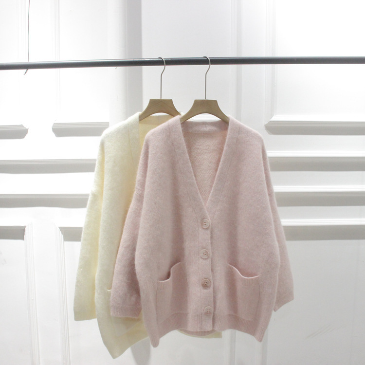 South Korea order autumn and winter new V-neck single-breasted soft waxy lazy wind rabbit fur thickened knitted sweater cardigan coat