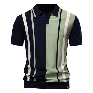 2025 summer cross-border new men's lapel short sleeve knitted polo striped stitching European size short sleeve polo shirt men