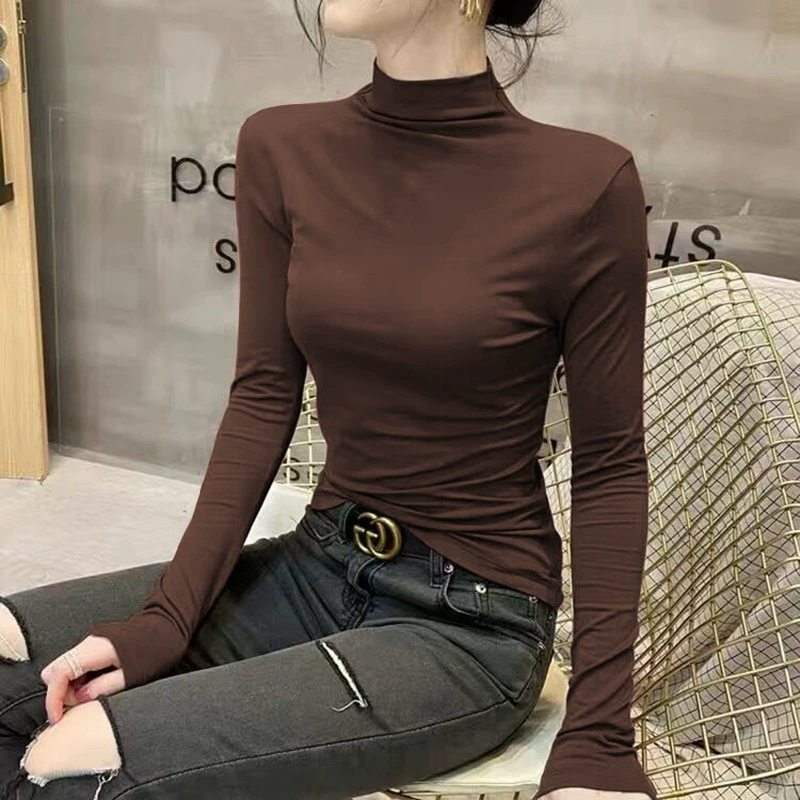 Половина высокого воротника сплошная цветная нижняя рубашка женская осень-зима 2025 новый топ футболка с длинными рукавами тонная корейская версия повседневная
