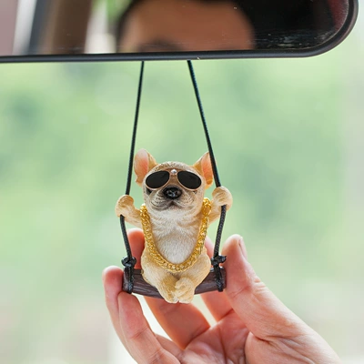 New car pendant car interior pendant Internet famous swing method dog car pendant decoration load rearview mirror car pendant car (Car hanging) - yellow-bulldog-with-glasses-gold-chain