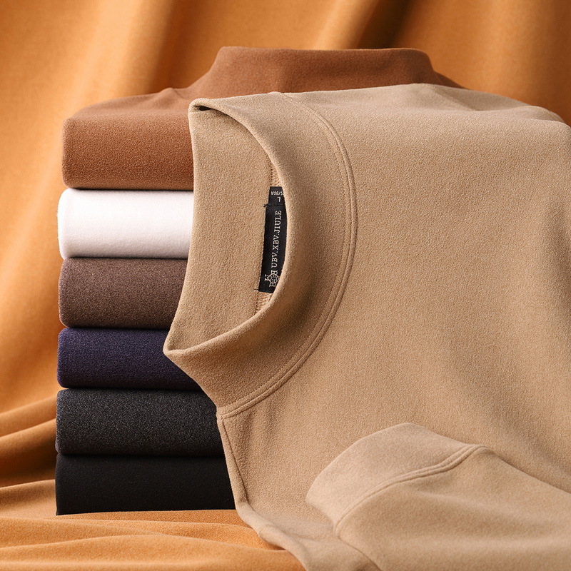 Double-Sided Velvet T-Shirt Men's Long-Sleeved 2025 Spring Mid-Collar Bottoming Shirt Sweatshirt Light Business Warm Half Turtleneck Top
