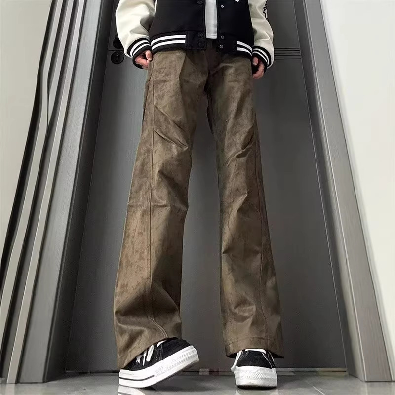 Brown Dark-Patterned American-Style Straight-Leg Work Pants for Men, Spring and Autumn Cleanfit Curved Pants, Retro Loose Flared Pants