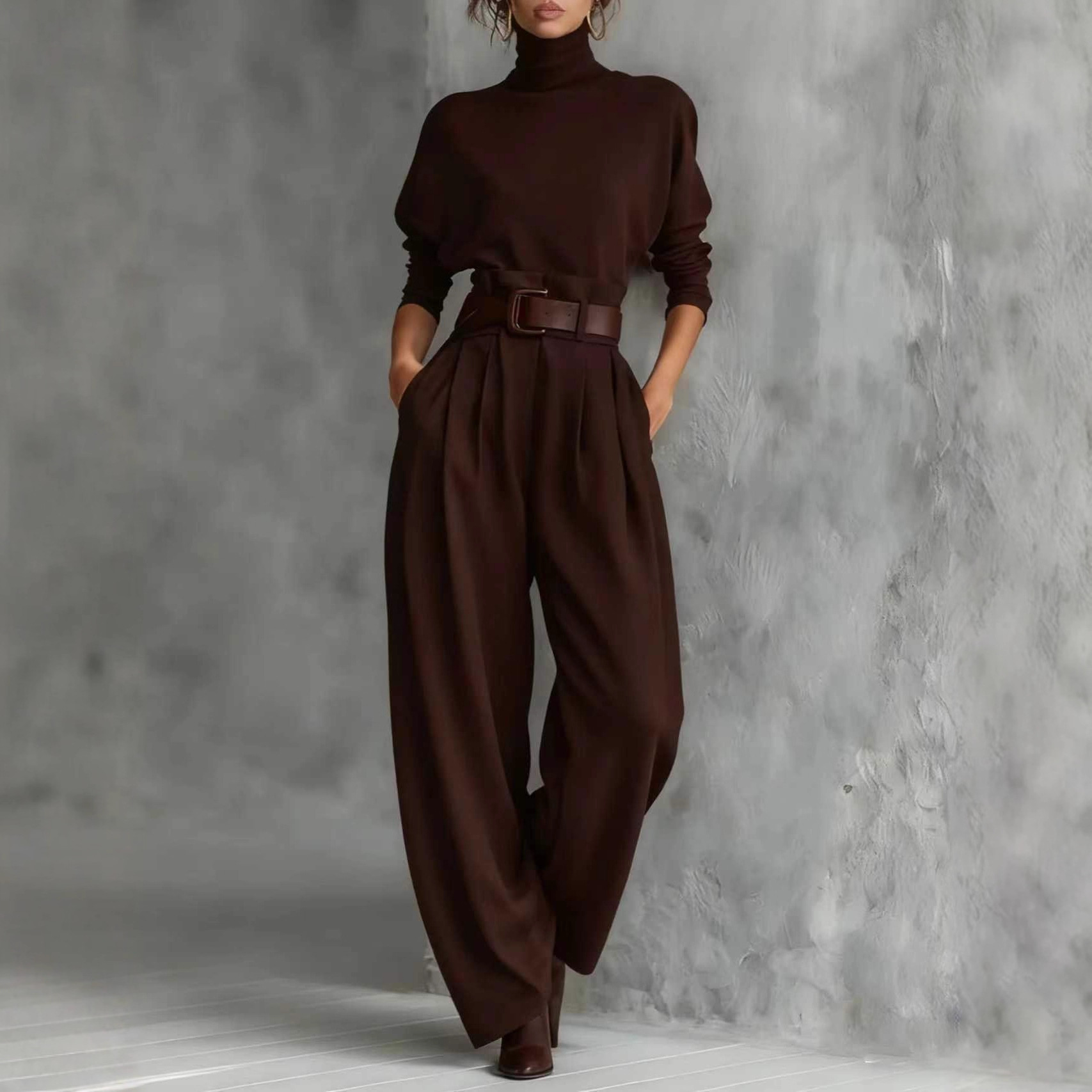 Women's Clothing Women's High Neck Long Sleeve Trousers Set High Waist With Belt Casual Stylish Spring Autumn Suit Style_ecoleips.com