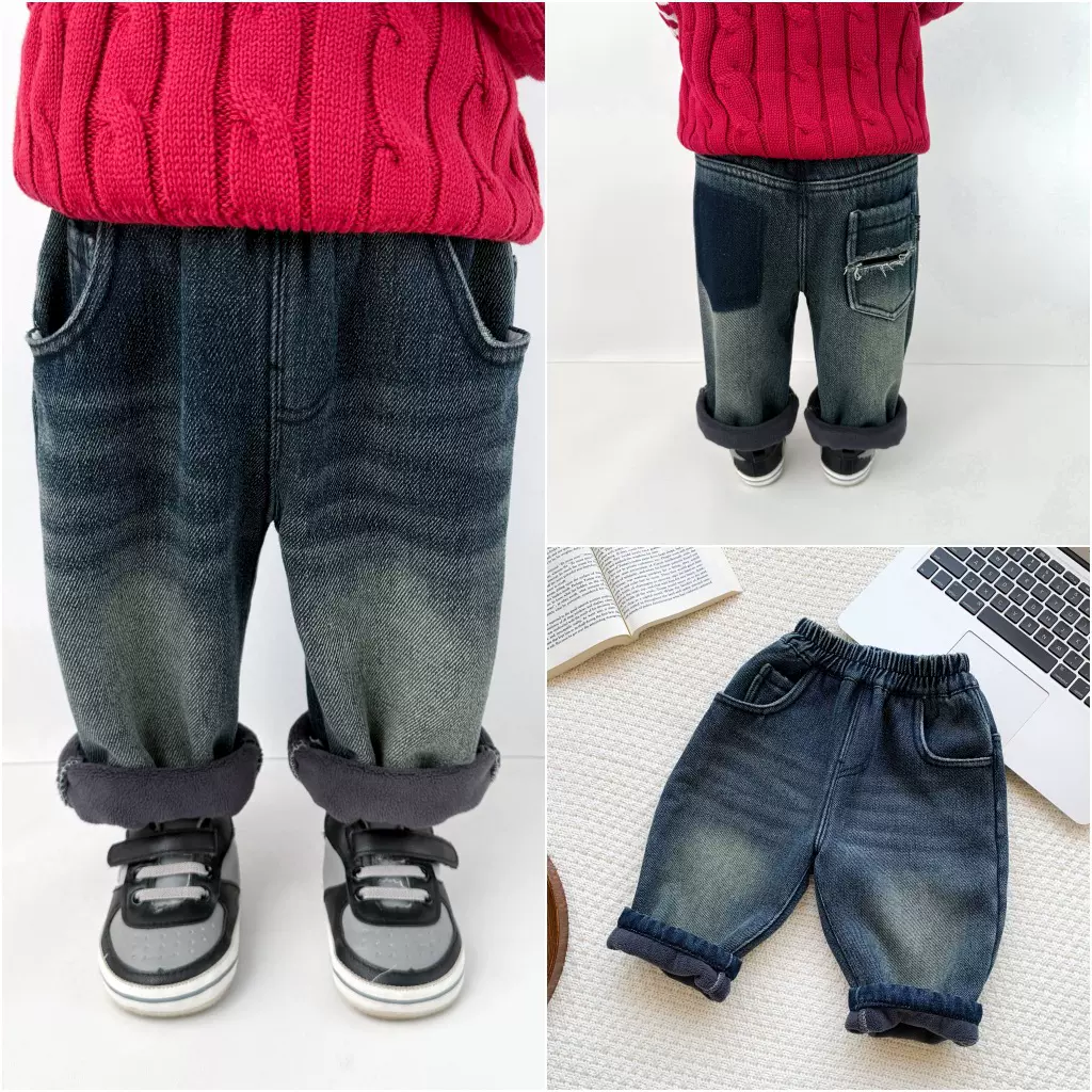 ins婴幼儿牛仔裤2025秋冬新款男女小童加绒牛仔长裤外出加厚裤潮