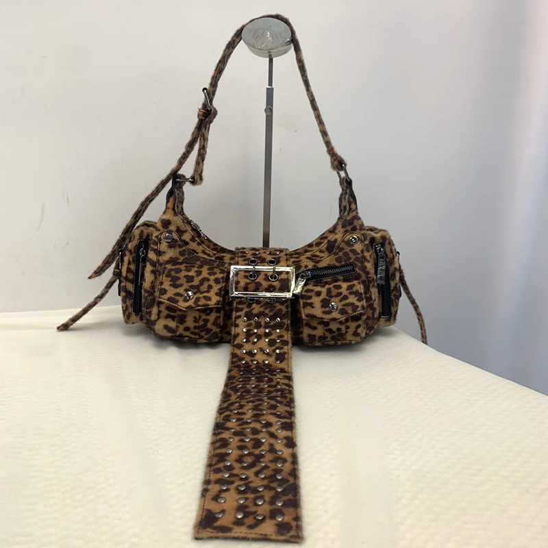 2026 New Style Motorcycle Girl Leopard Print Shoulder Bag with Belt Buckle and Rivets, Fashionable Commuter Handbag for Women