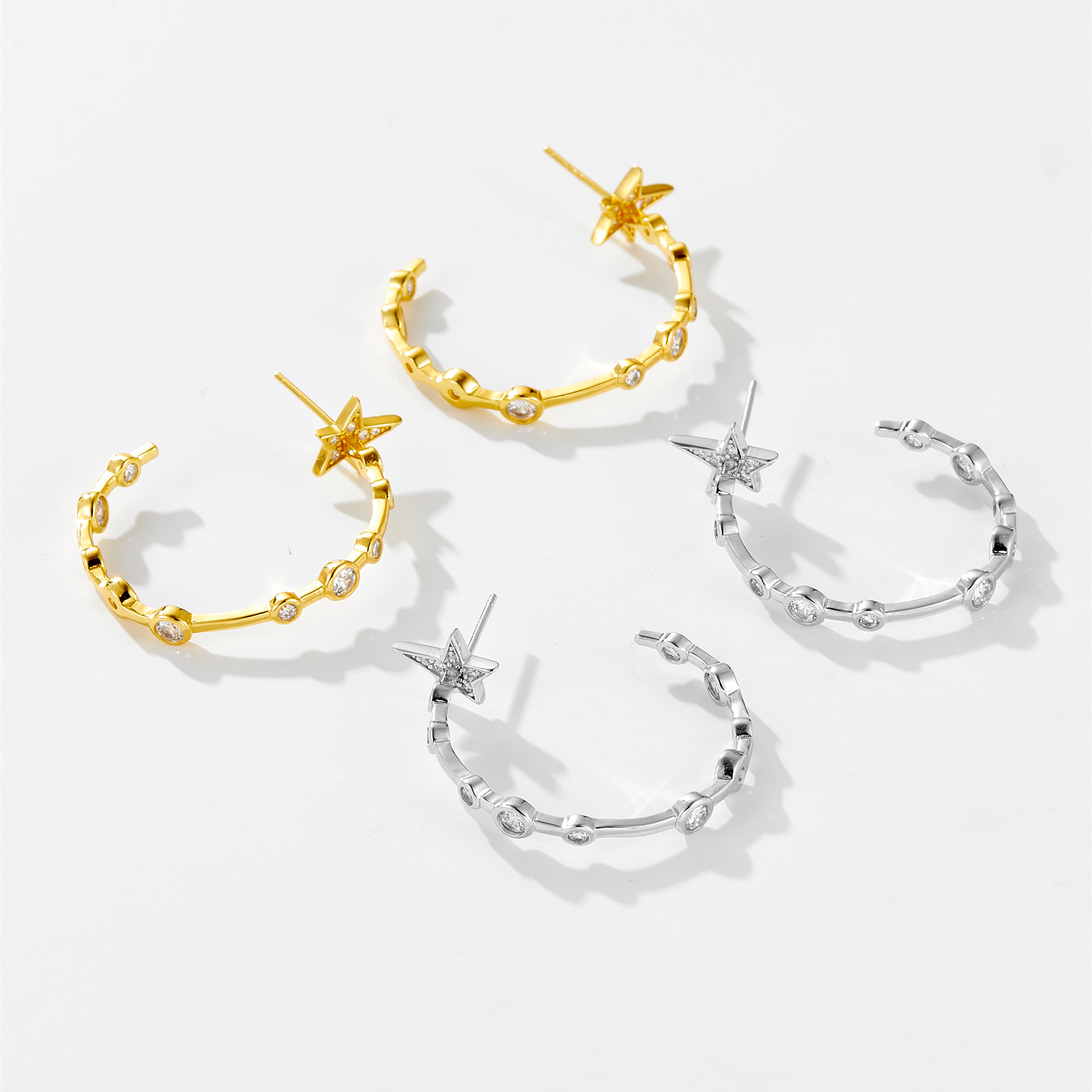 C Shape, Star Pattern Unisex Gender 1 Pair 18K Gold Plated 925 Sterling Silver Zircon C Shape Star Ear Studs