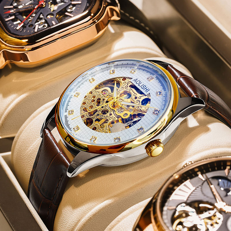 Đồng hồ nam Automatic Skeleton Tourbillon lộ máy, dây da hoặc thép, mặt kính chống xước, phát quang, chống nước