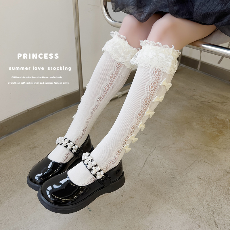 Lace summer thin knee socks with bow, mid length