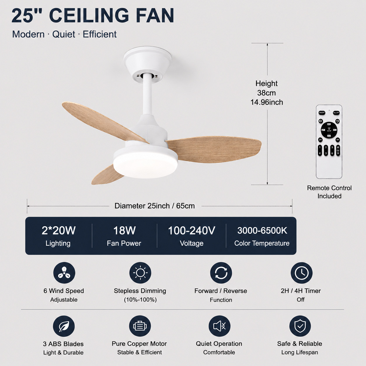 Ventilador de Techo Retro con Luz de Acrílico y ABS con Control Remoto para Sala de Estar y Comedor