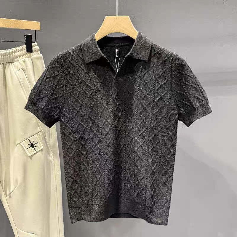 Camisa POLO cuello en V manga corta hombre textura en forma de diamante sentido negocio británico delgado verano hielo seda marea comercio exterior transfronterizo al por mayor