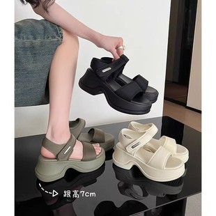 [Cowhide Version] Thick-Soled High-Heeled Sandals Women's 2025 Summer New Roman Heightening Velcro Sports Beach Shoes