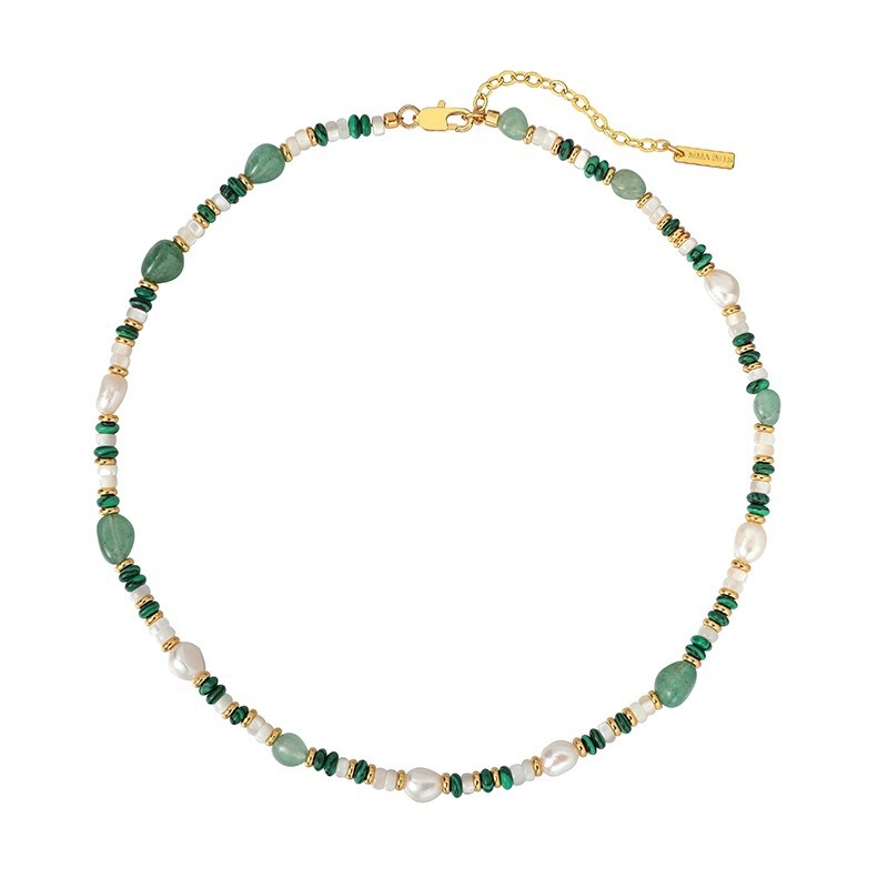 Colar de pérolas de água doce em pedra natural, corrente clavicular com contas coloridas e malaquita verde, estilo gargantilha de luxo para nichos._voghion.com
