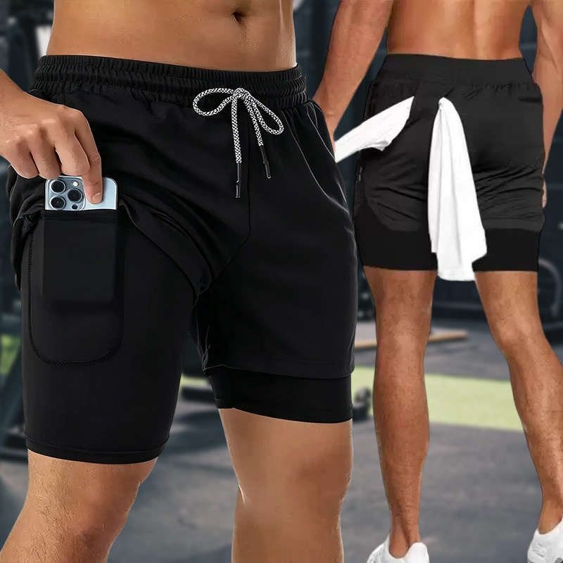 Factory Direct Sales Cross-Border Breathable Quick-Drying Sports Double-Layer Shorts Men's Trendy Brand Quick-Drying Fitness Sports Shorts Men's Summer