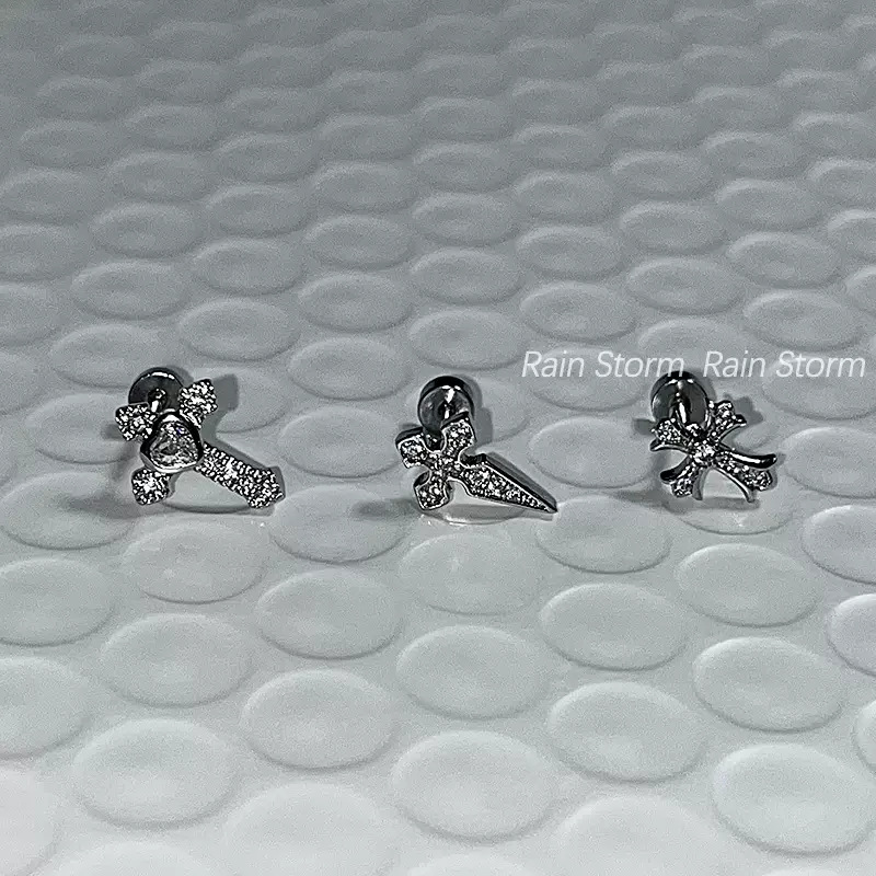Rain Storm Punk Hip-Hop Cross Ear Studs Flat-Bottomed Rhinestone Cochlear Studs Unisex Trendy Earrings