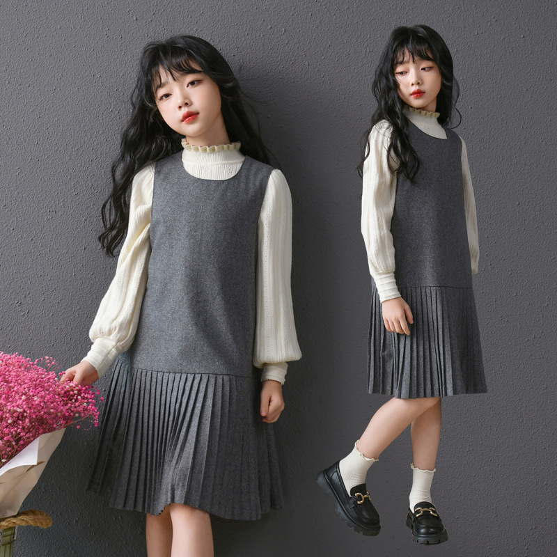 Chaleco de niña vestido de falda de chaleco gris claro vestido de princesa de temperamento de estilo universitario plisado