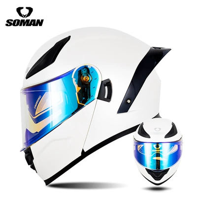 Motosiklet kaskı (dəbilqə) | Electric Vehicle Flip-Up Helmets for - pearl-white-with-transparent-revo-blue-s