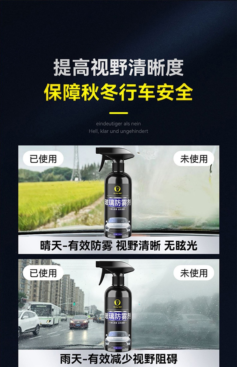 Car windshield anti-rain spray, rearview mirror rainproof anti-fog agent, long-lasting rain film water repellent and oil film remover