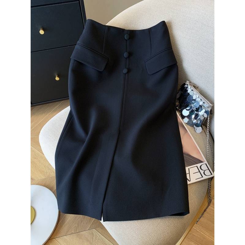 Summer Popular Style Suit High-Waisted Cream White Hip-Hugging Straight Skirt Mid-Length Black Light Luxury Skirt