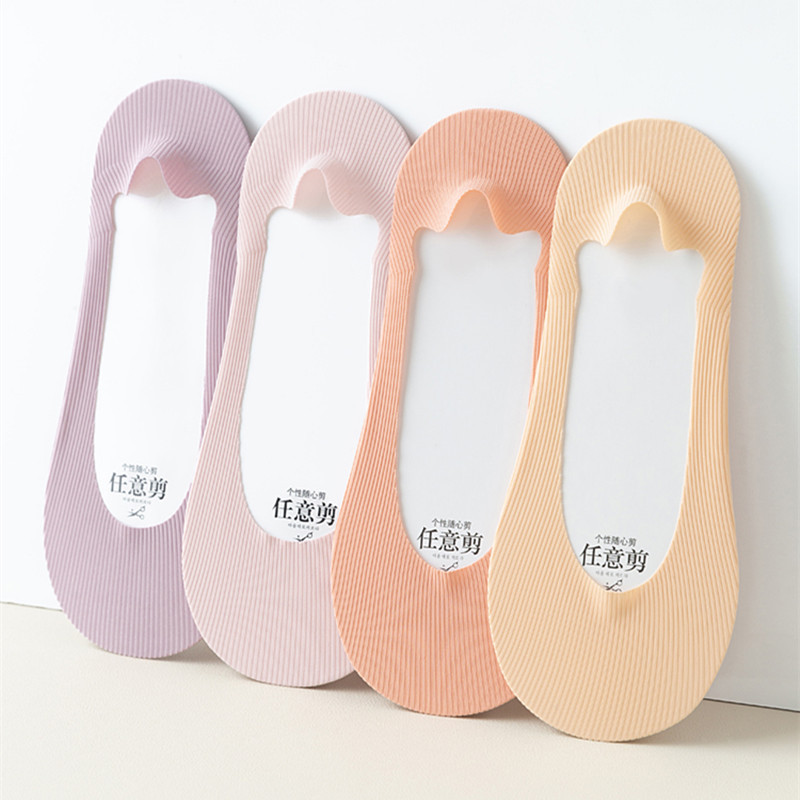 Ice Silk No-Show Socks for Women, Thin Low-Cut Invisible Socks with Silicone Non-Slip Heel, Spring and Summer Striped Breathable Women's Boat Socks